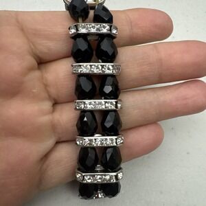 Double Row Double Strung Stretch Bracelet - black beads with rhinestone accents